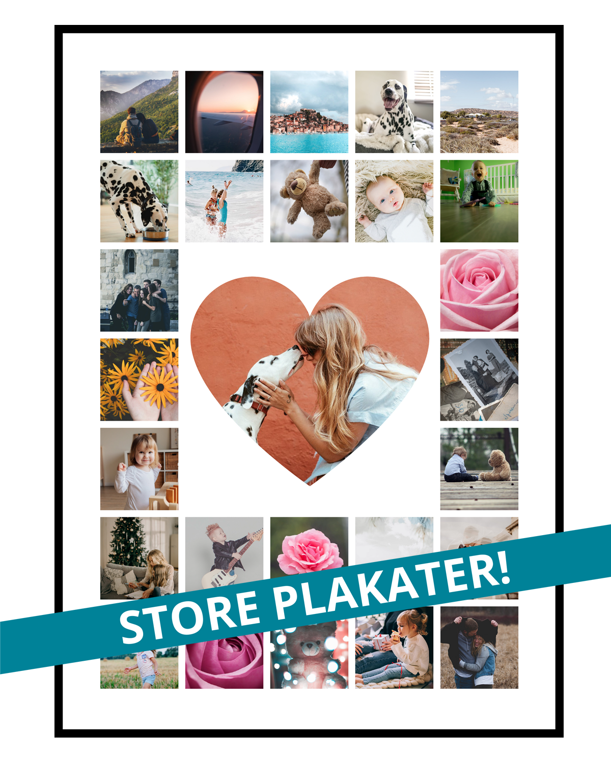 Se Fotocollage med 26 mindre og 1 stort billede - vi designer for dig hos PlakatTrykkeren.dk