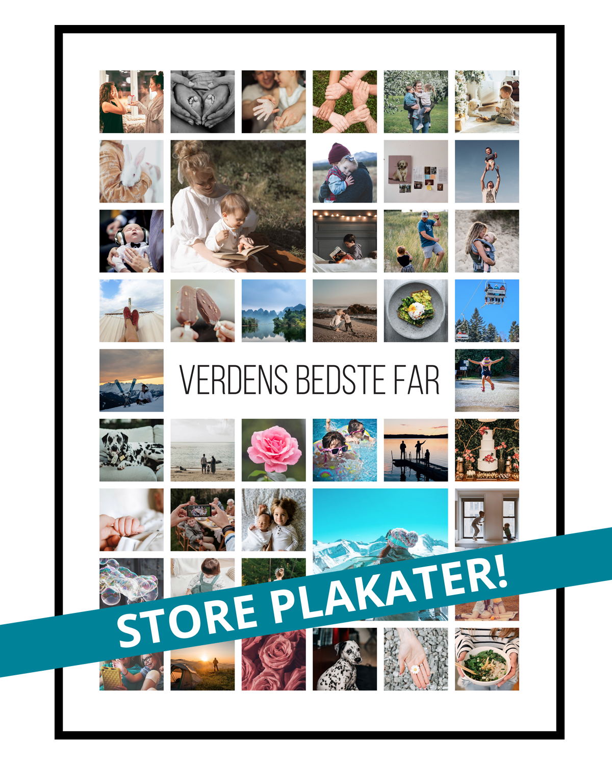 Se Fotocollage med 42 små + 2 store billeder og valgfri tekst - vi designer for dig hos PlakatTrykkeren.dk